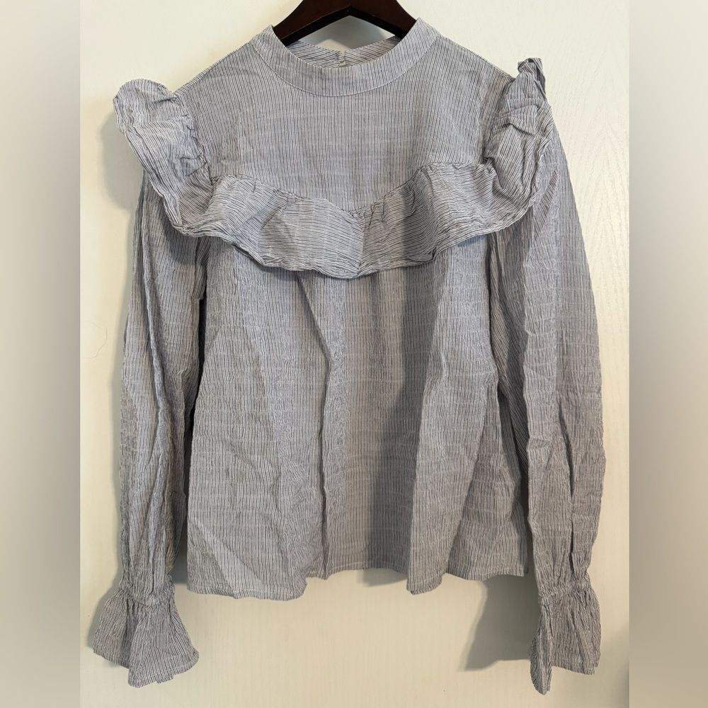 A.N.A Blue and White Stripe Ruffle Blouse | 98% Cotton | Size Medium